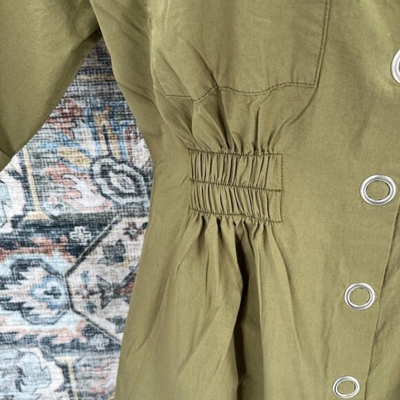Zara Snap Front Dress Size L Elastic Cinch Waist Army Green SHort Sleeve Collar - Picture 4 of 12
